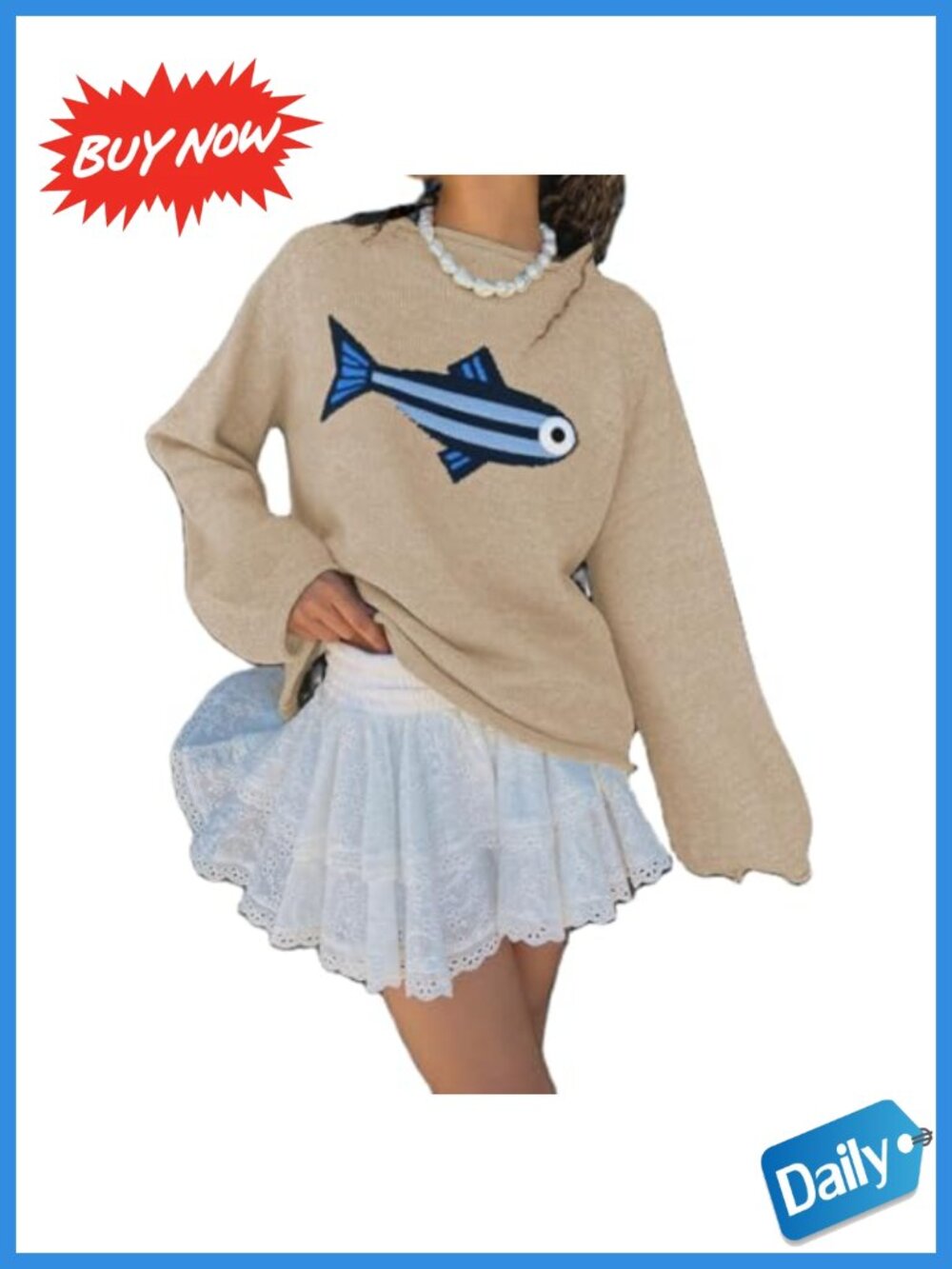 Rib Knit Fish Graphic Sweater Crew Neck Oversized Pullover Long Sleeve
